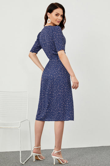 Navy Polka Prickar Midi Summer Wrap Klänning